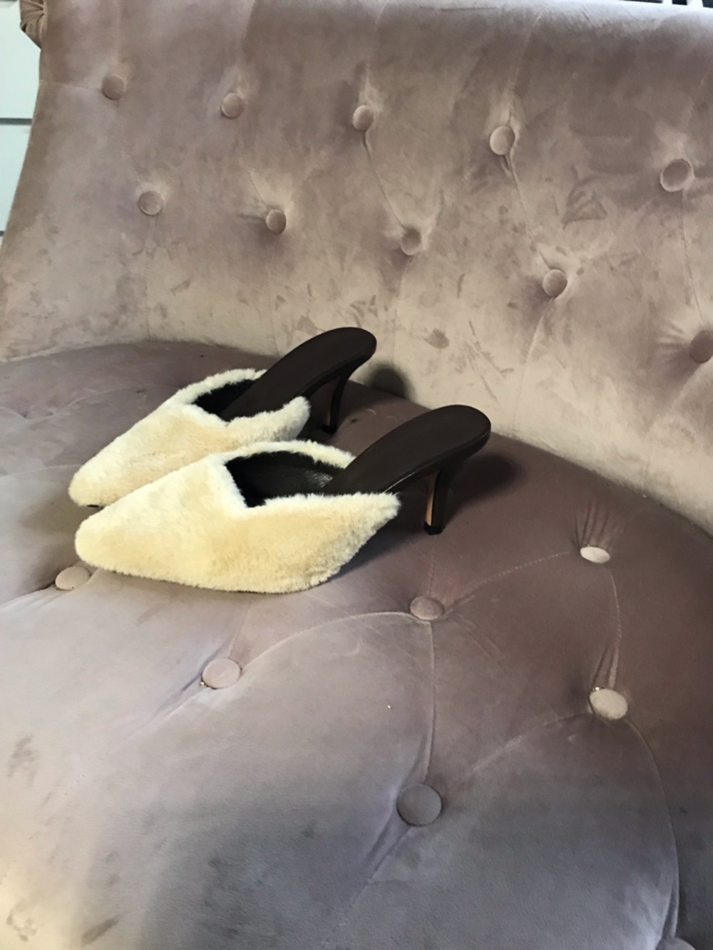Faux-Fur Cream Pointed Mule Heels